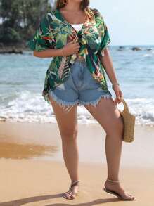 SHEIN VCAY Plus Tropical Print Flounce Sleeve Knot Front Blouse Without Cami Top - Multicolor - View 3