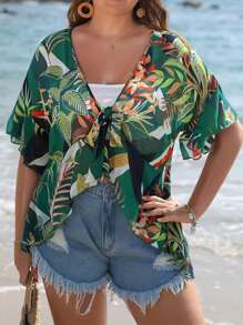 SHEIN VCAY Plus Tropical Print Flounce Sleeve Knot Front Blouse Without Cami Top - Multicolor - View 4