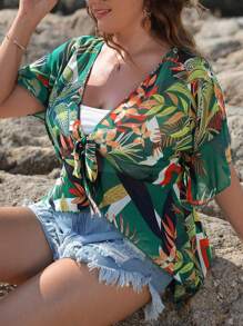 SHEIN VCAY Plus Tropical Print Flounce Sleeve Knot Front Blouse Without Cami Top - Multicolor - View 5