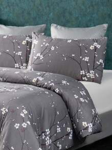 3pcs Bedding Set, Fiber Brushed, Geometric Element, Floral Printed Pattern, 1 Duvet Cover + 2 Pillow Shams - Dark Grey - View 2