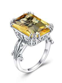 1入組魅力四射925純銀方晶鋯石方形裝飾銀戒指適合女士適用於舞會宴會 - 黃色 - 查看 5