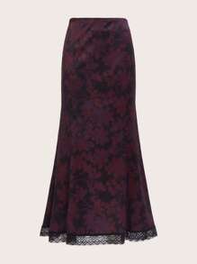 Maryam Alam Goth Floral Print Contrast Lace Mermaid Hem Skirt - Multicolor - View 1