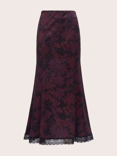 Maryam Alam Goth Floral Print Contrast Lace Mermaid Hem Skirt