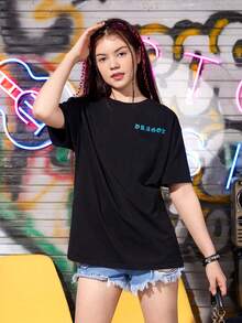 SHEIN 青少年女孩中國龍和字母圖案落肩T恤 - 黑色 - 查看 2