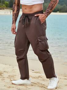 Manfinity Men Flap Pocket Side Drawstring Waist Cargo Trousers - Brown - View 1