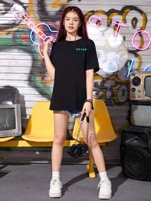 SHEIN 青少年女孩中國龍和字母圖案落肩T恤 - 黑色 - 查看 6