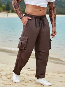 Manfinity Men Flap Pocket Side Drawstring Waist Cargo Trousers - Brown - View 4