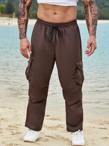 Manfinity Men Flap Pocket Side Drawstring Waist Cargo Trousers - Brown - View 5