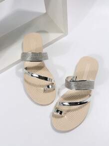 Vacation Silver Sandals For Women, Metallic Rhinestone Decor Thong Sandals - Gold - View 3