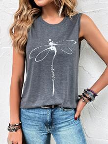 SHEIN LUNE Dragonfly Print Tank Top - Dark Grey - View 4
