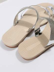 Vacation Silver Sandals For Women, Metallic Rhinestone Decor Thong Sandals - Gold - View 4