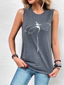SHEIN LUNE Dragonfly Print Tank Top - Dark Grey - View 5