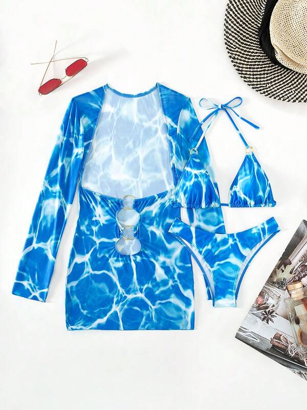 SHEIN Swim Vcay Tie Dye Print Halter Triangle Bikini Swimsuit With