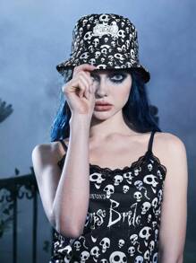 Corpse Bride | ROMWE 1入組女士骷髏頭和字母圖案時尚漁夫帽適用於戶外遊玩 - 黑與白 - 查看 3