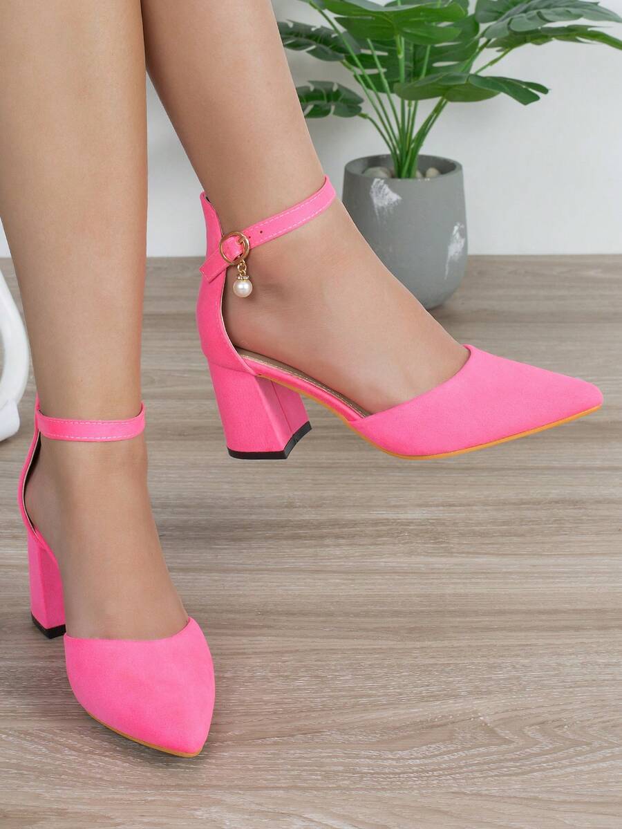 前衛粉色高跟鞋適用於女士人造珍珠裝飾尖頭粗跟仿麂皮踝帶高跟單鞋 - 西瓜粉 - 查看 1