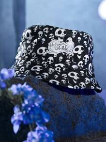 Corpse Bride | ROMWE 1入組女士骷髏頭和字母圖案時尚漁夫帽適用於戶外遊玩 - 黑與白 - 查看 1