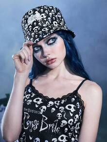 Corpse Bride | ROMWE 1入組女士骷髏頭和字母圖案時尚漁夫帽適用於戶外遊玩 - 黑與白 - 查看 4