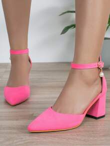 前衛粉色高跟鞋適用於女士人造珍珠裝飾尖頭粗跟仿麂皮踝帶高跟單鞋 - 西瓜粉 - 查看 3