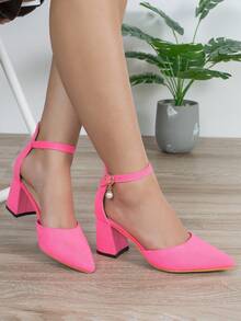 前衛粉色高跟鞋適用於女士人造珍珠裝飾尖頭粗跟仿麂皮踝帶高跟單鞋 - 西瓜粉 - 查看 4