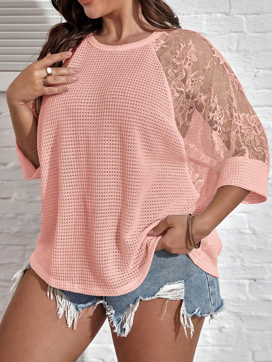 SHEIN LUNE Plus Contrast Lace Raglan Sleeve Tee - Coral Pink - View 1