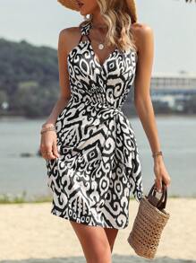 Breezaya 滿版印花側打結洋裝 - 黑色 - 查看 1