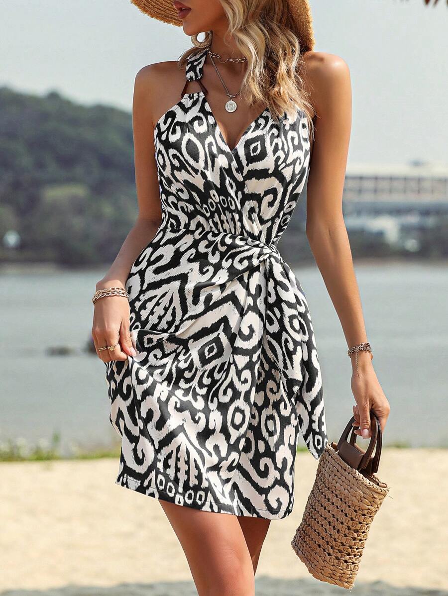 Breezaya 滿版印花側打結洋裝 - 黑色 - 查看 1