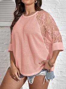 SHEIN LUNE Plus Contrast Lace Raglan Sleeve Tee - Coral Pink - View 5