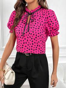 SHEIN Unity Allover Print Tie Neck Puff Sleeve Blouse - Hot Pink - View 5