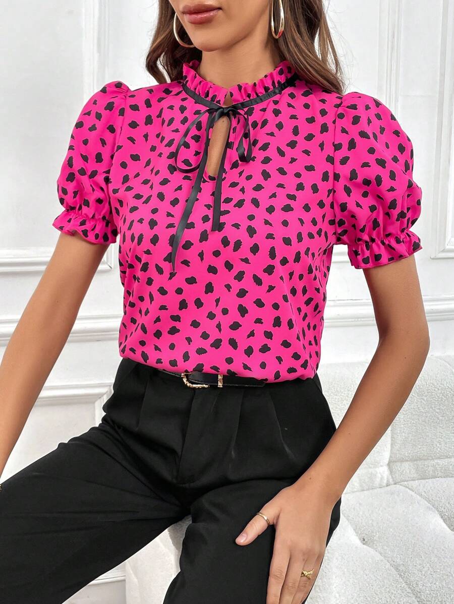 SHEIN Unity Allover Print Tie Neck Puff Sleeve Blouse - Hot Pink - View 1