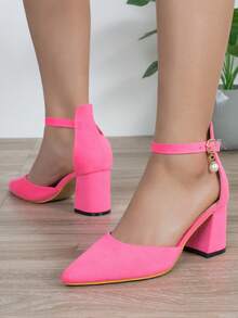 前衛粉色高跟鞋適用於女士人造珍珠裝飾尖頭粗跟仿麂皮踝帶高跟單鞋 - 西瓜粉 - 查看 5