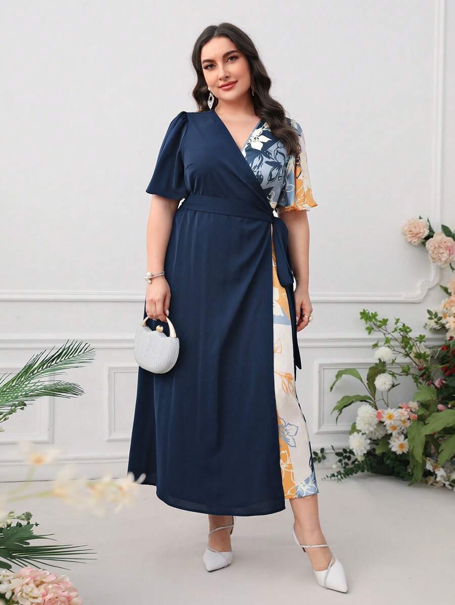 Modelyn Plus Floral Print Knot Side Wrap Dress - Navy Blue - View 1