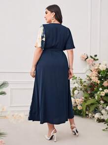 Modelyn Plus Floral Print Knot Side Wrap Dress - Navy Blue - View 2