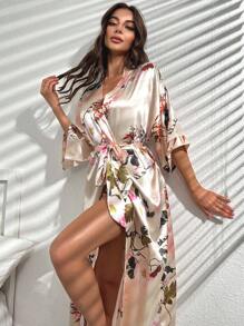LuxeNights Floral Print Belted Satin Robe Luxeloungewear, Fall, Winter - Apricot - View 4