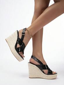 Vacation Black Sandals For Women, Crocodile Embossed Espadrille Slingback Wedge Sandals - Black - View 2