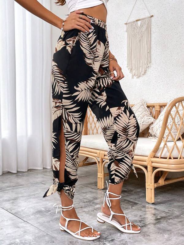 SHEIN VCAY Tropical Print Split Thigh Knot Hem Pants SHEIN USA