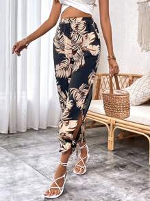 SHEIN VCAY Tropical Print Split Thigh Knot Hem Trousers - Multicolor - View 5