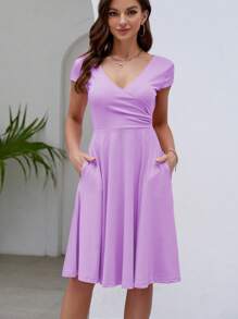 Solid Slant Pocket Wrap Detail Dress - Violet Purple - View 1
