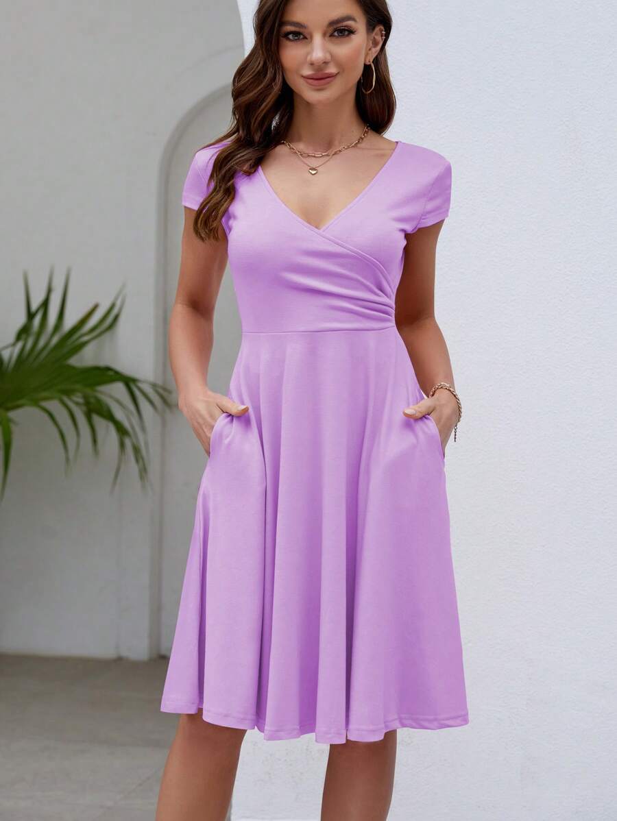 Solid Slant Pocket Wrap Detail Dress - Violet Purple - View 1
