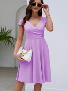 Solid Slant Pocket Wrap Detail Dress - Violet Purple - View 3