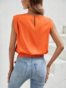 SHEIN LUNE Solid Knot Hem Sleeveless Blouse - Orange - View 2
