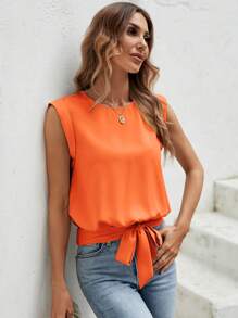 SHEIN LUNE Solid Knot Hem Sleeveless Blouse - Orange - View 3