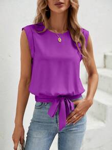 SHEIN LUNE Solid Knot Hem Sleeveless Blouse - Red Violet - View 3