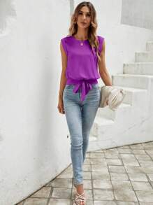 SHEIN LUNE Solid Knot Hem Sleeveless Blouse - Red Violet - View 6