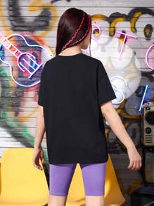 SHEIN Leap Crew 青少年女孩卡通圖案落肩T恤和騎行褲 - 紫羅蘭色 - 查看 3