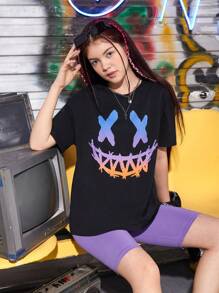 SHEIN Leap Crew 青少年女孩卡通圖案落肩T恤和騎行褲 - 紫羅蘭色 - 查看 4