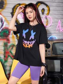 SHEIN Leap Crew 青少年女孩卡通圖案落肩T恤和騎行褲 - 紫羅蘭色 - 查看 6