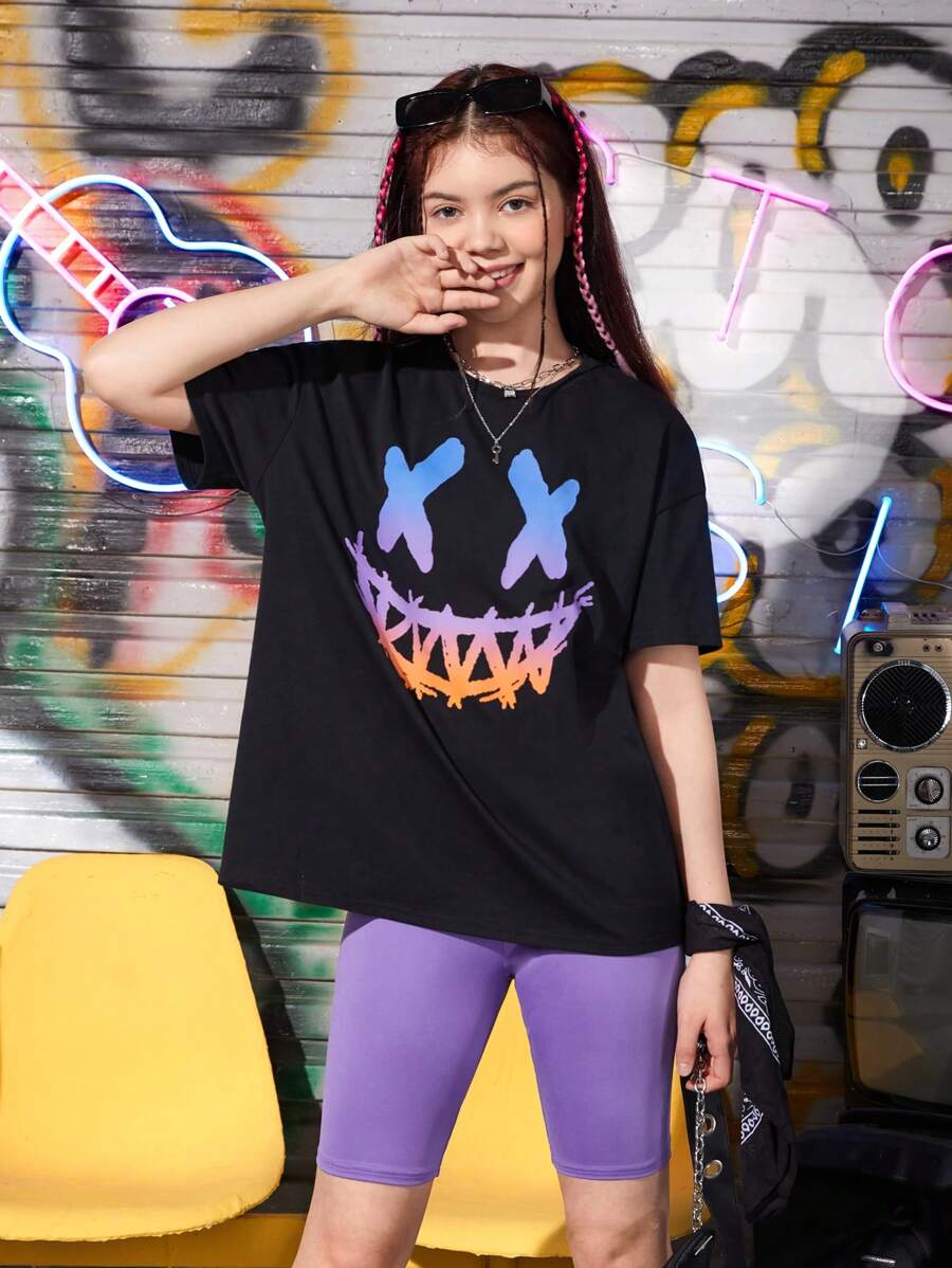 SHEIN Leap Crew 青少年女孩卡通圖案落肩T恤和騎行褲 - 紫羅蘭色 - 查看 1