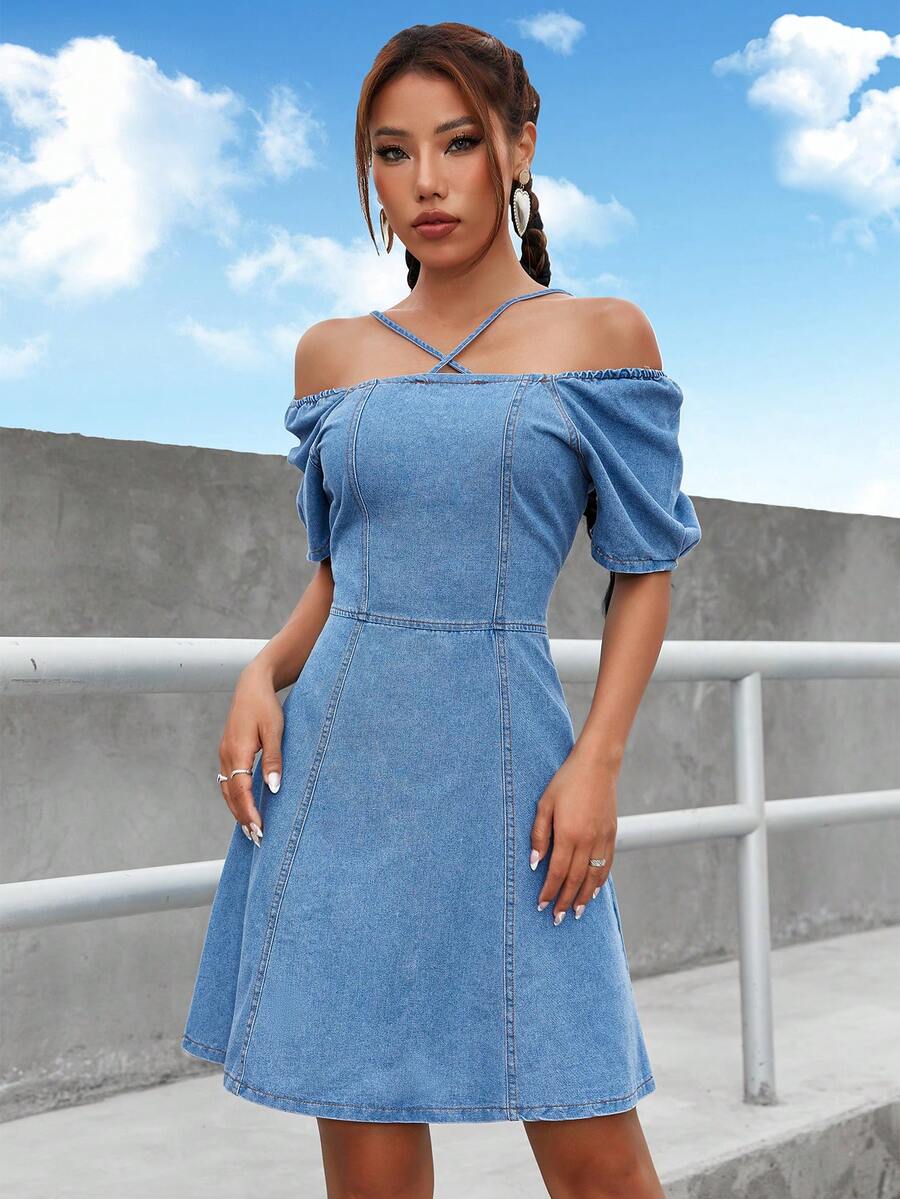 Cold Shoulder Puff Sleeve Denim Dress - Medium Wash - View 1