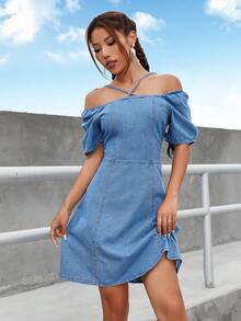 Cold Shoulder Puff Sleeve Denim Dress - Medium Wash - View 3