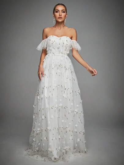 Off Shoulder Floral Appliques Mesh Overlay Dress White Elegant Wedding Bridal Dress,Bride